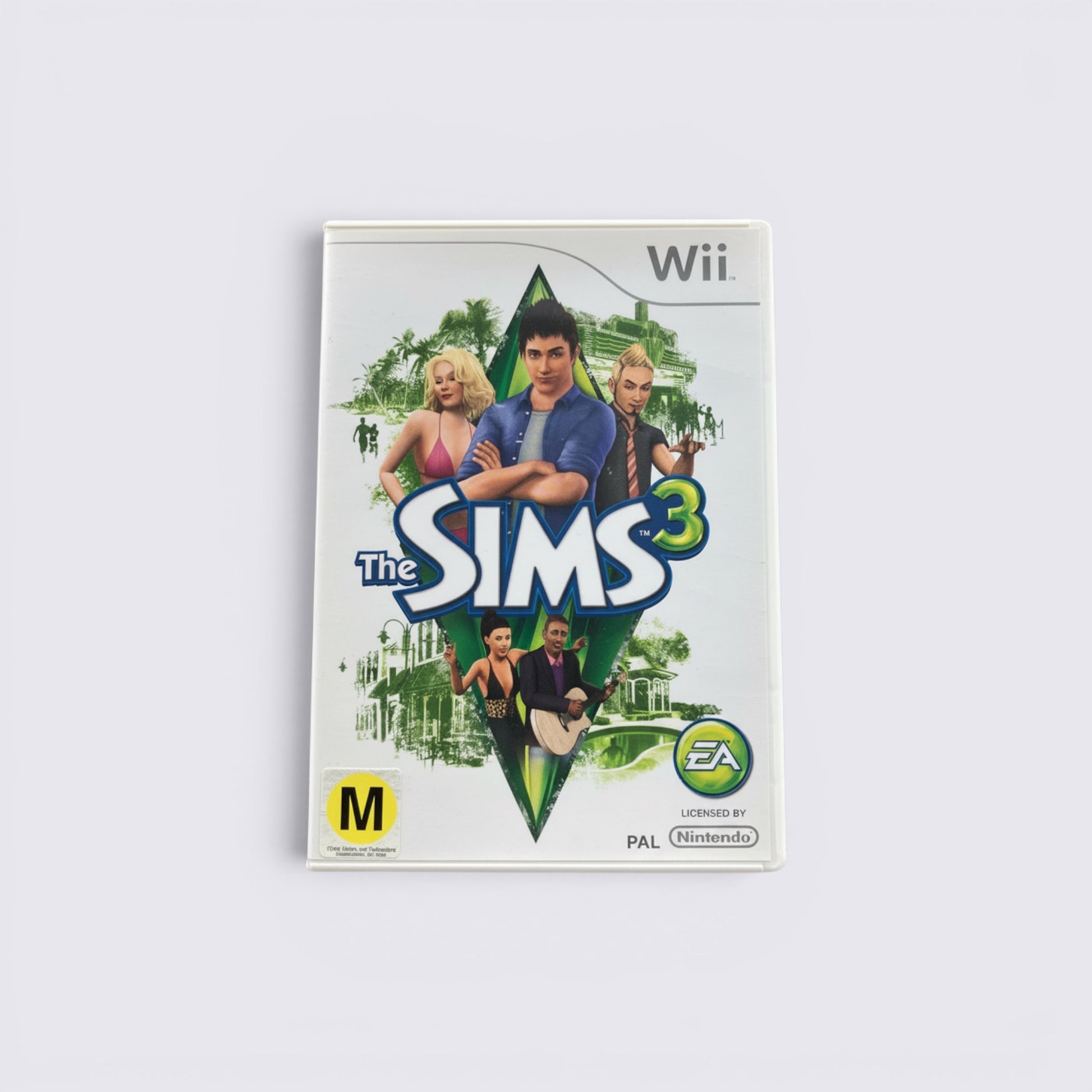 MrPixel The Sims 3 Wii game case featuring character artwork and the iconic green plumbob logo on a white background.
