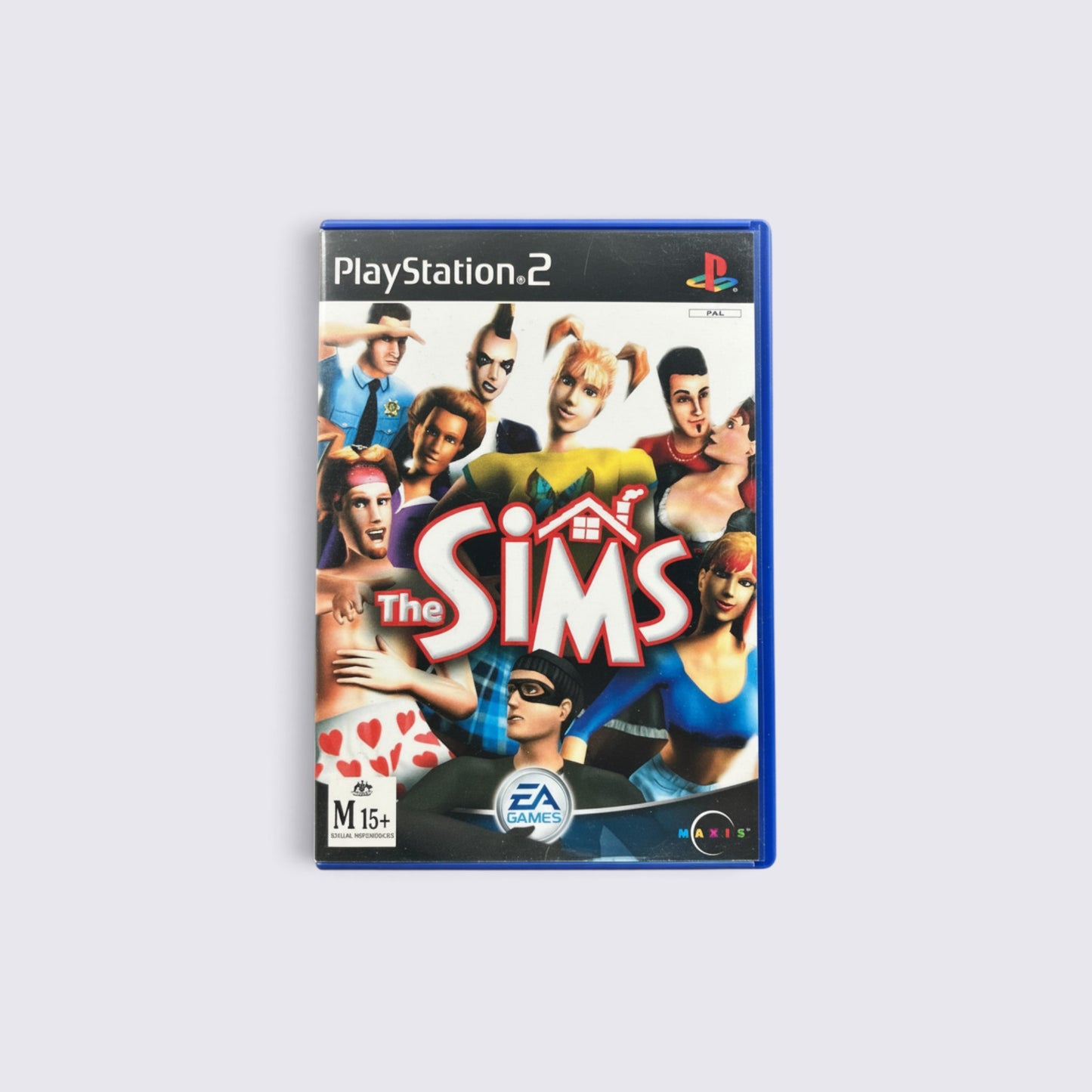 MrPixel The Sims PlayStation 2 game case featuring a colourful character collage and the iconic red logo