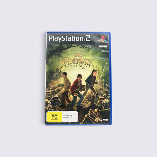 MrPixel The Spiderwick Chronicles PlayStation 2 game case featuring Jared, Simon, and Mallory in a forest setting.