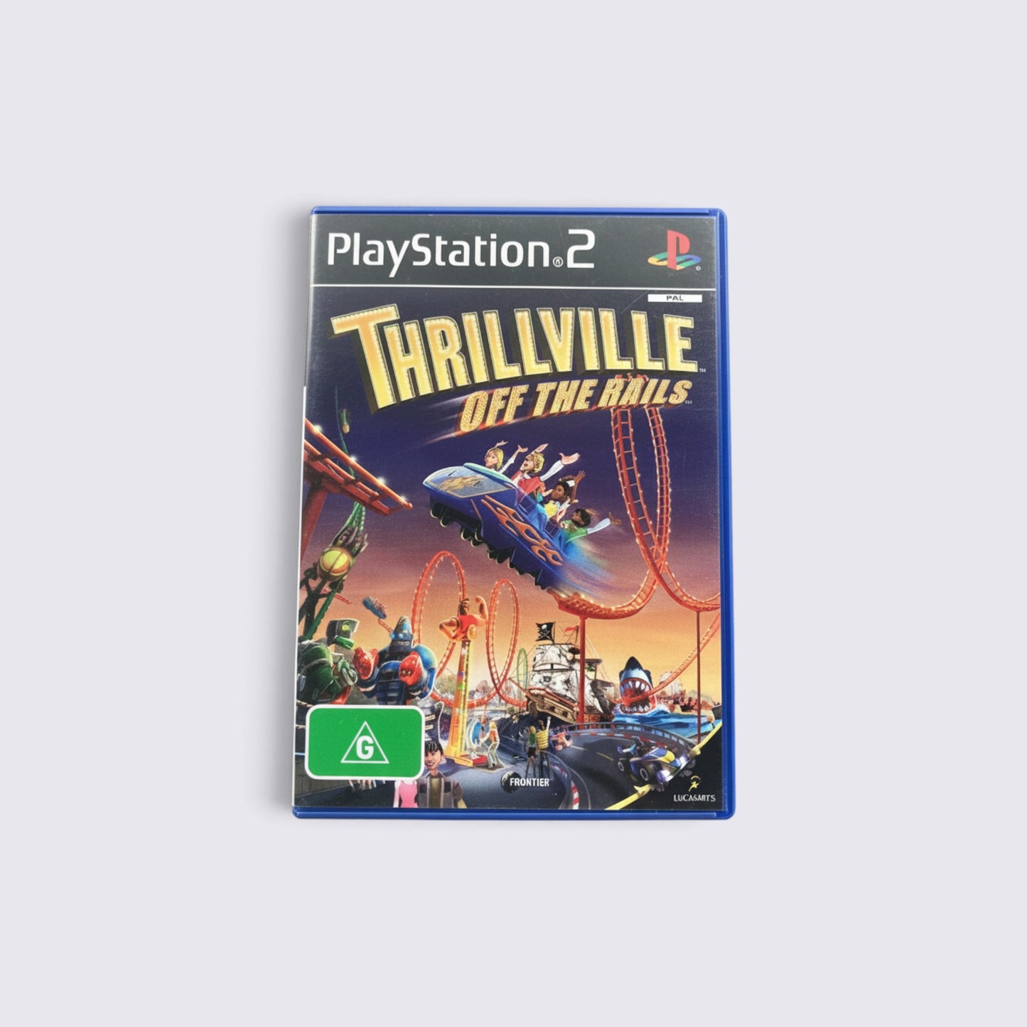 MrPixel Thrillville Off The Rails PlayStation 2 game case featuring a roller coaster theme park illustration.