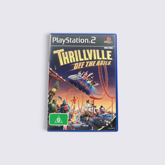 MrPixel Thrillville Off The Rails PlayStation 2 game case featuring a roller coaster theme park illustration.