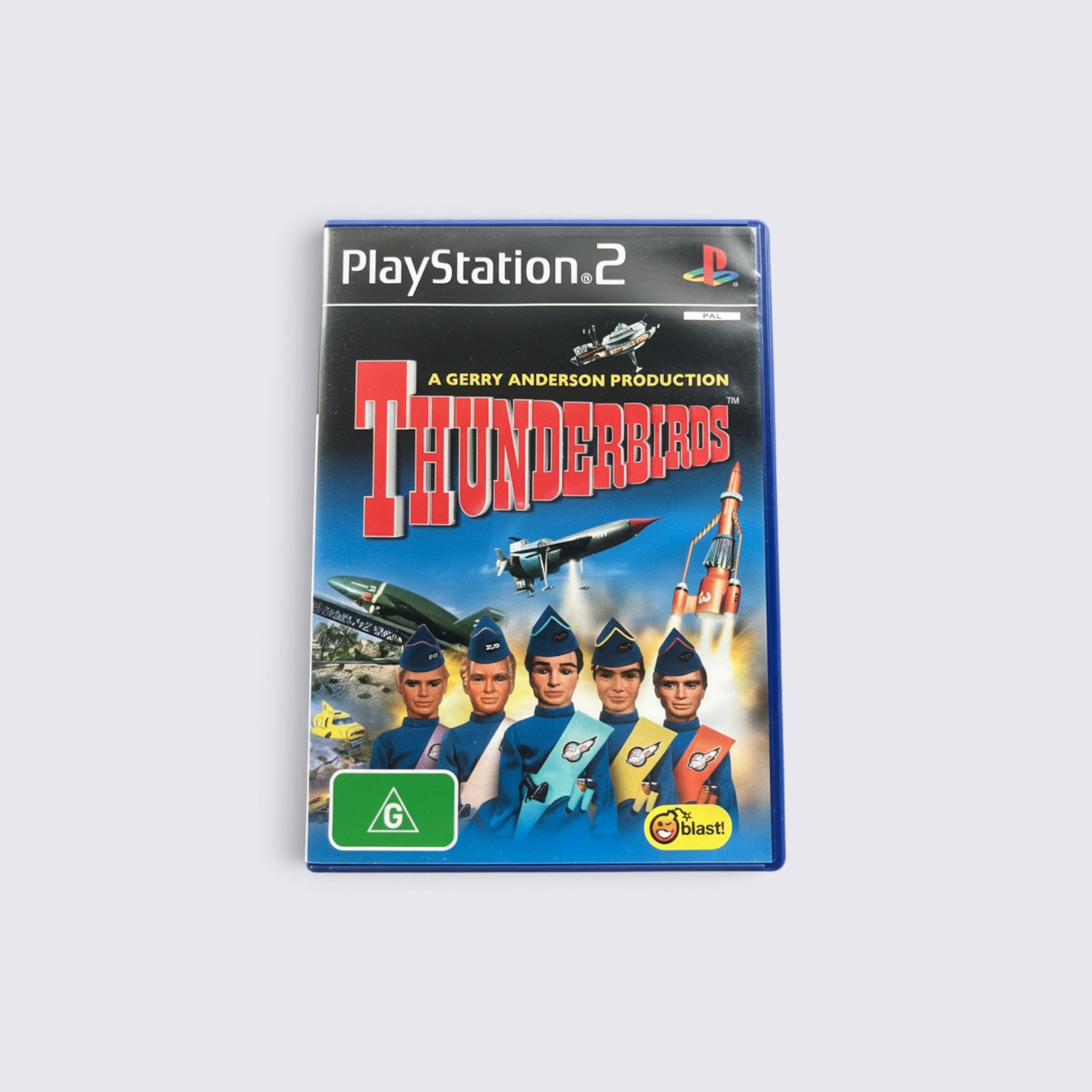 MrPixel Thunderbirds PlayStation 2 game case featuring the Tracy family and rescue vehicles on the cover art