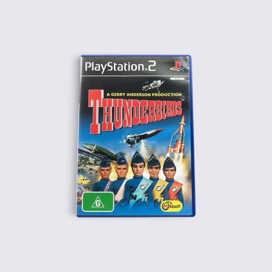 MrPixel Thunderbirds PlayStation 2 game case featuring the Tracy family and rescue vehicles on the cover art
