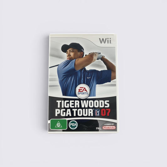 MrPixel Tiger Woods PGA Tour 07 video game case for Nintendo Wii featuring Tiger Woods in a blue golf shirt