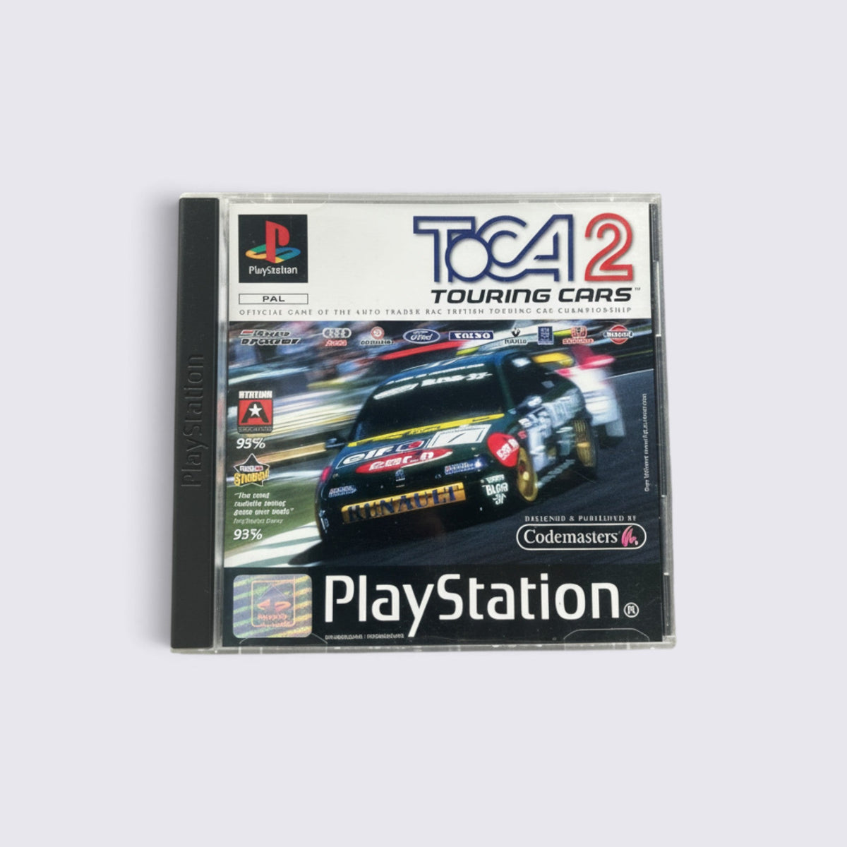 MrPixel TOCA 2 Touring Cars PlayStation 1 racing game case featuring a Renault touring car on the track.