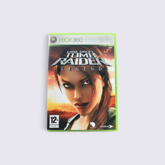 MrPixel Tomb Raider: Legend Xbox 360 game case featuring Lara Croft against a dramatic sunset background.