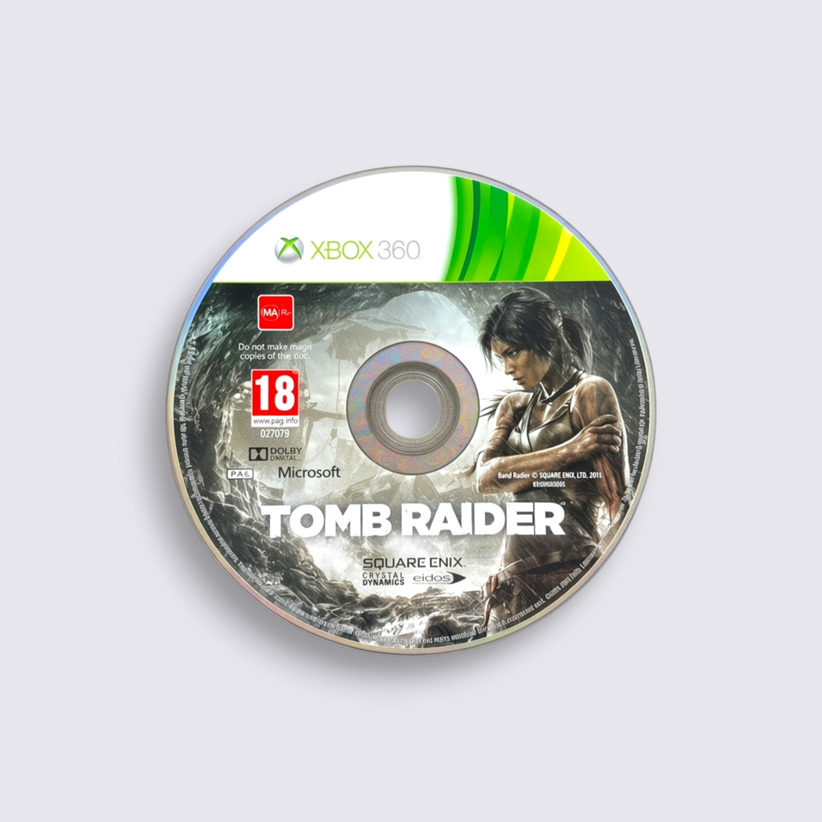 MrPixel Tomb Raider Xbox 360 game disc featuring Lara Croft artwork on a grey background