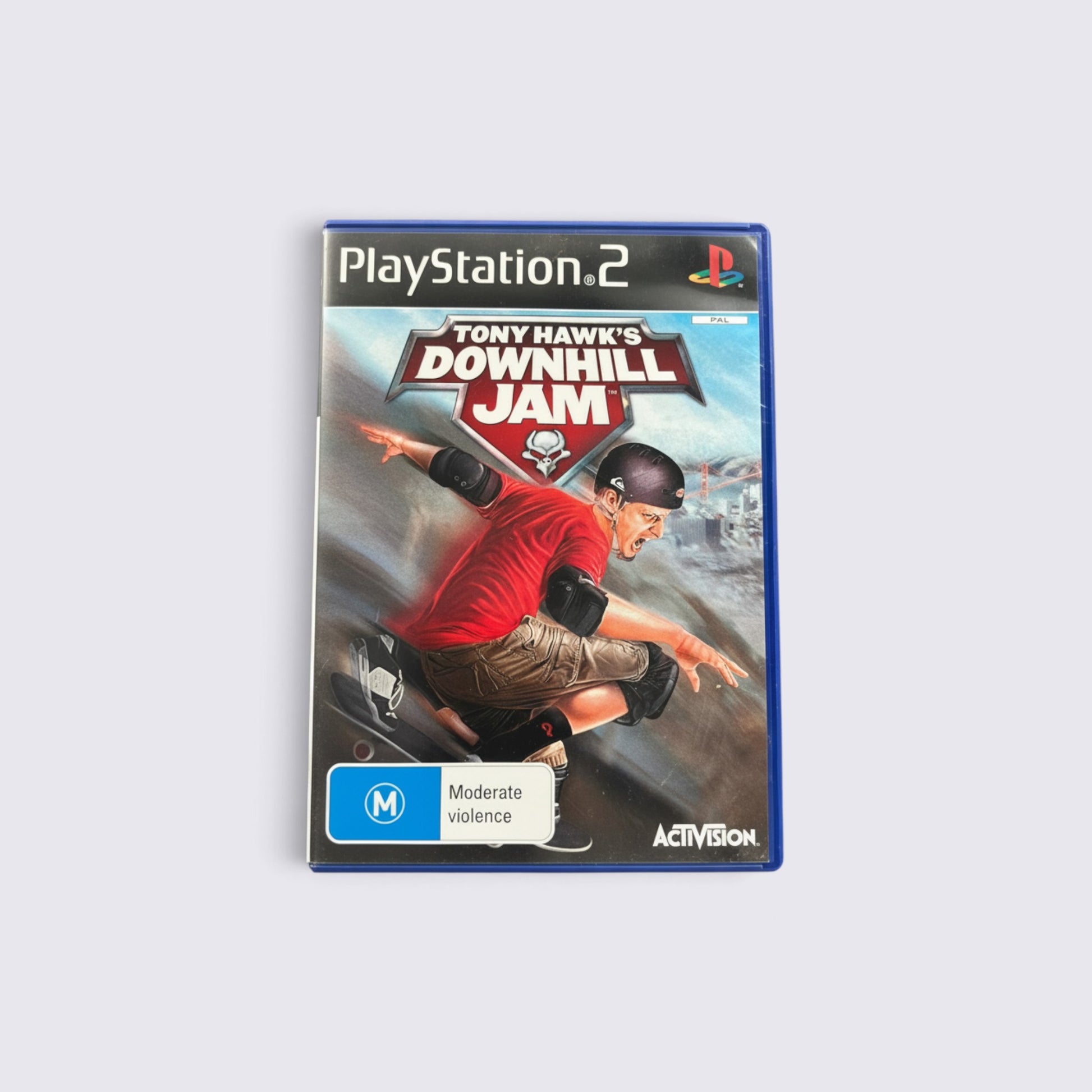 MrPixel Tony Hawk's Downhill Jam PlayStation 2 game case featuring a skater in a red shirt on a downhill track.
