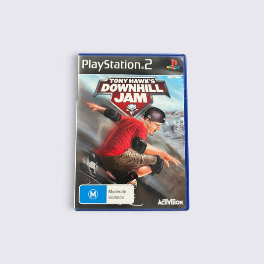 MrPixel Tony Hawk's Downhill Jam PlayStation 2 game case featuring a skater in a red shirt on a downhill track.