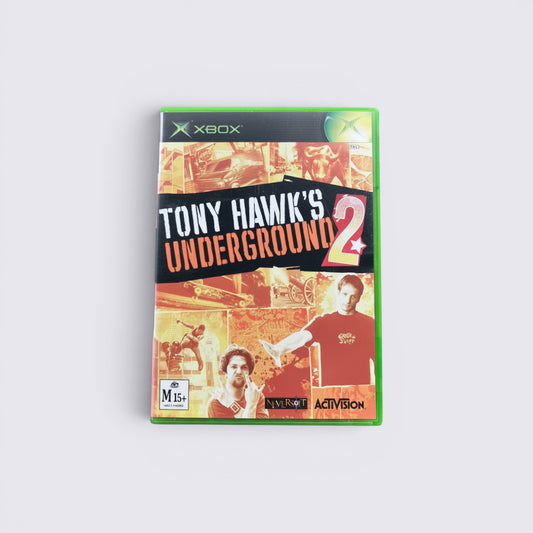 MrPixel Tony Hawk's Underground 2 Xbox video game case featuring Tony Hawk and Bam Margera on the cover art.