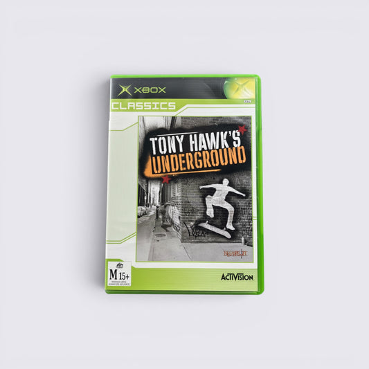 MrPixel Tony Hawk's Underground Classics Xbox game case featuring a black and white skateboarding graffiti art cover.