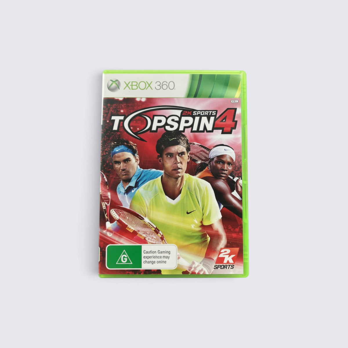 MrPixel Top Spin 4 Xbox 360 game case featuring Rafael Nadal, Roger Federer, and Serena Williams on the cover.