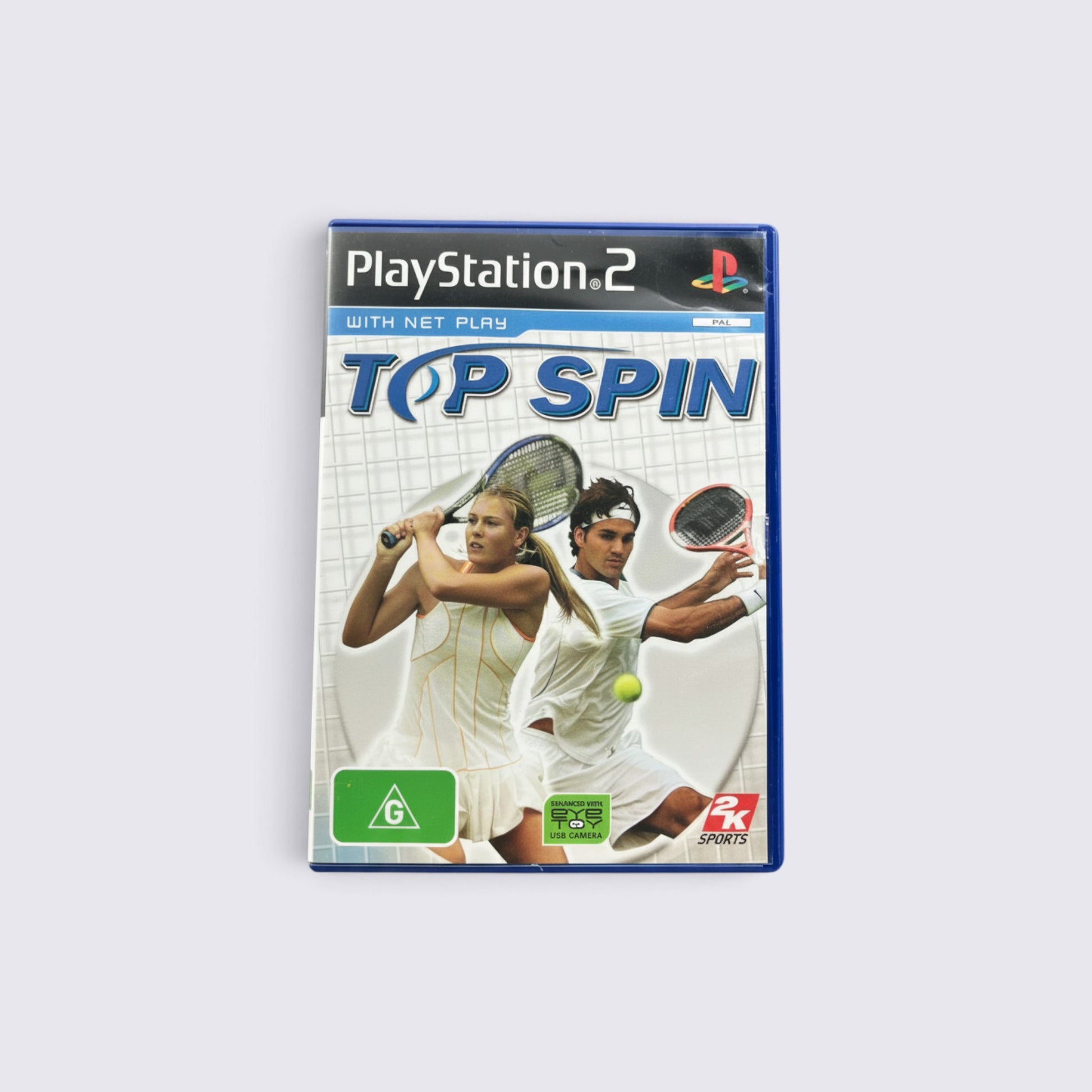 MrPixel Top Spin tennis video game for PlayStation 2 featuring professional players on the cover art.