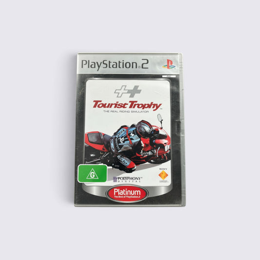 MrPixel Tourist Trophy Platinum edition game case for PlayStation 2 featuring a motorcycle racer on the cover