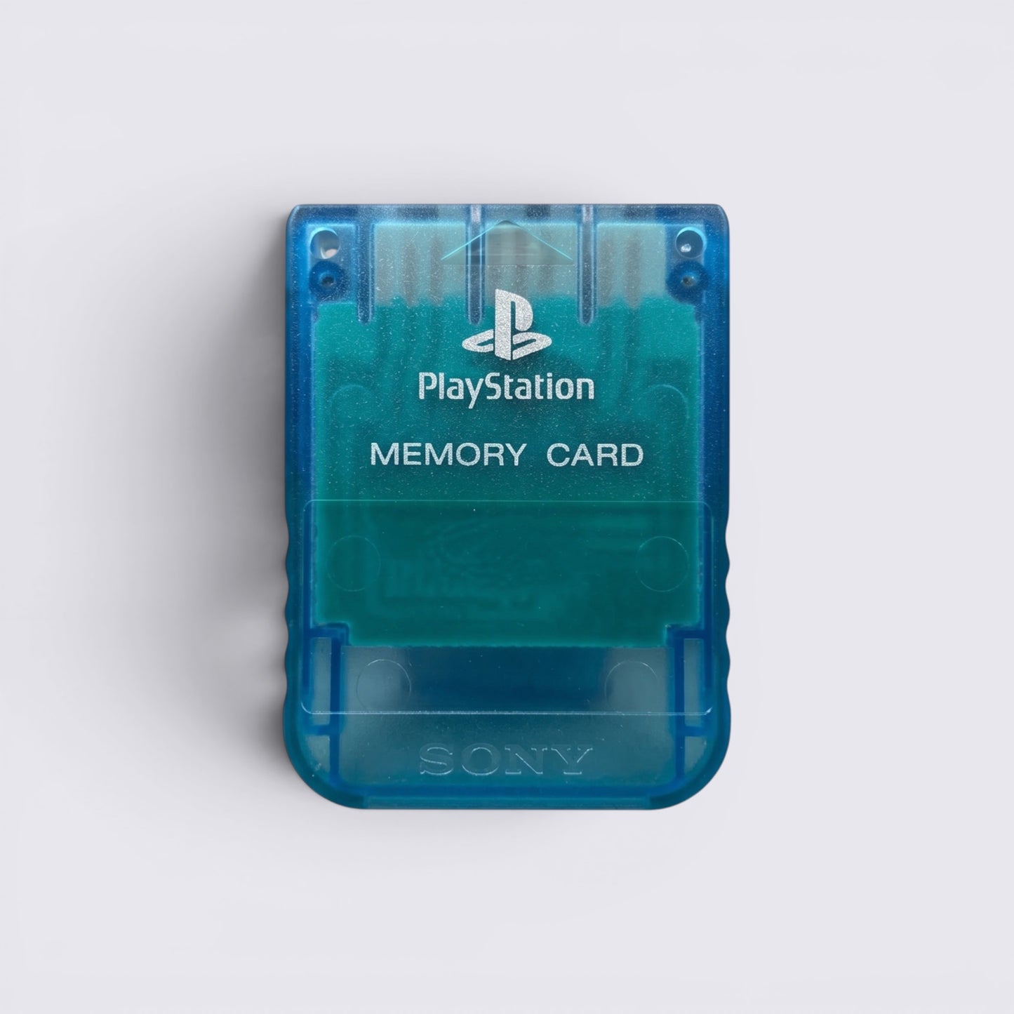 MrPixel translucent blue PlayStation 1 memory card with 1MB storage for saving game progress on PS1 and PS2 consoles.