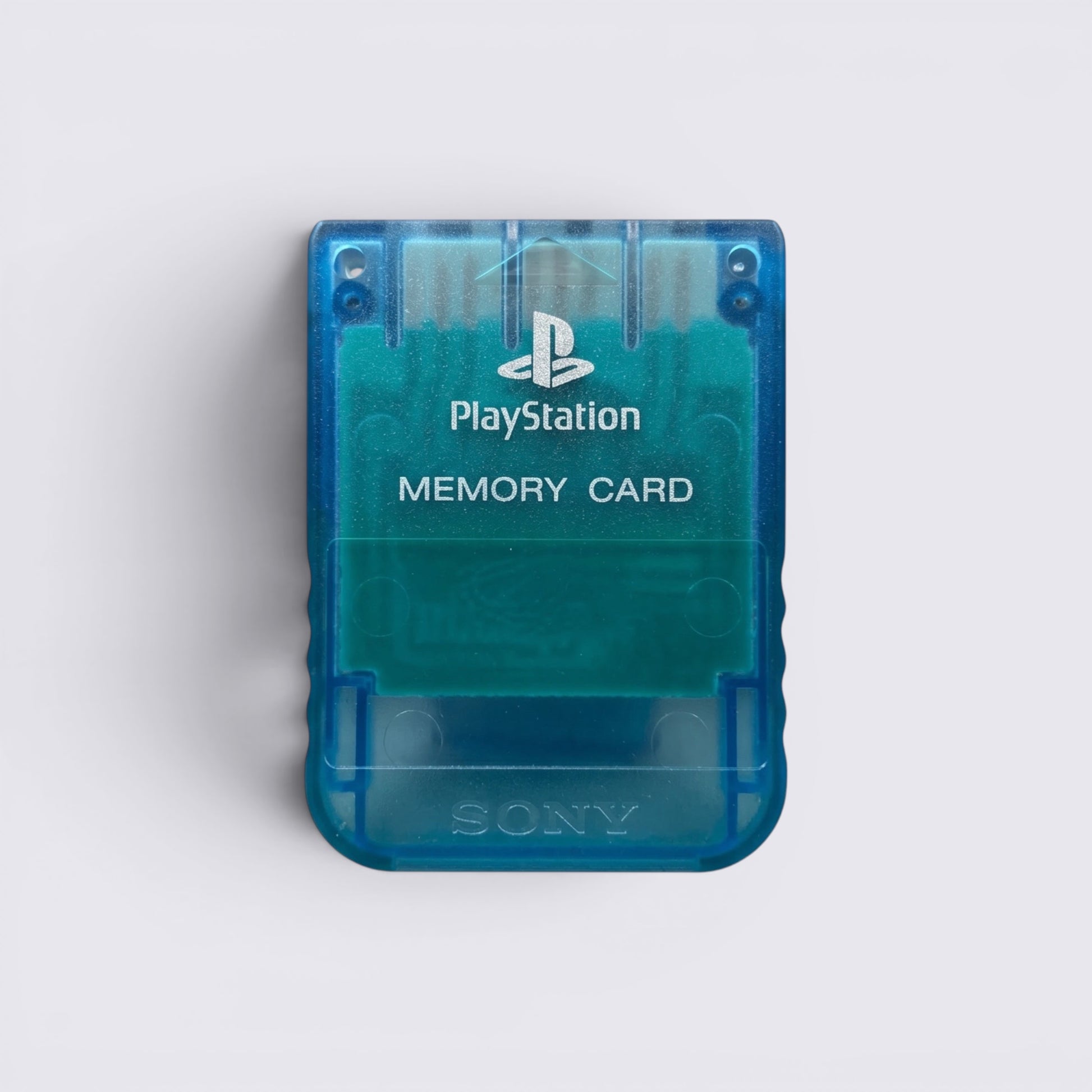 MrPixel translucent blue PlayStation 1 memory card with 1MB storage for saving game progress on PS1 and PS2 consoles.