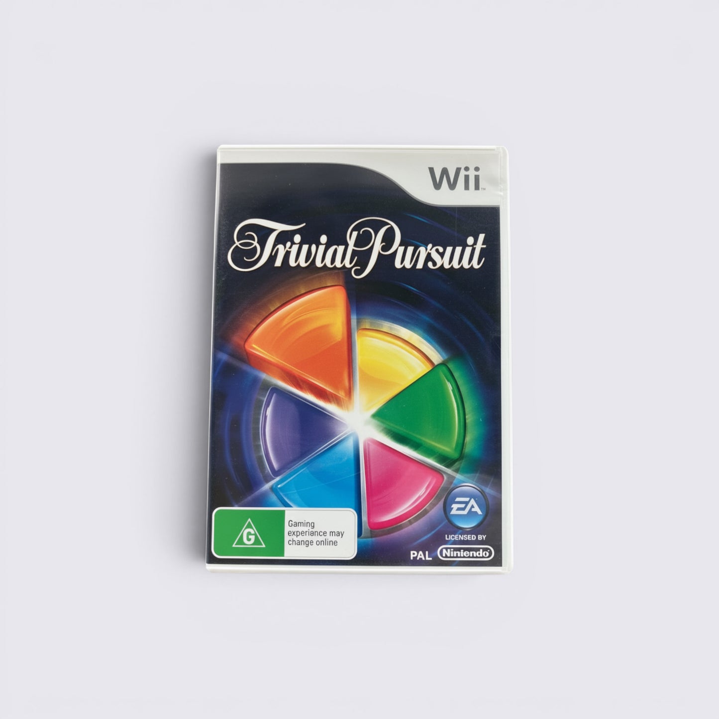 MrPixel Trivial Pursuit Wii game case featuring the iconic colourful pie chart logo on a dark background