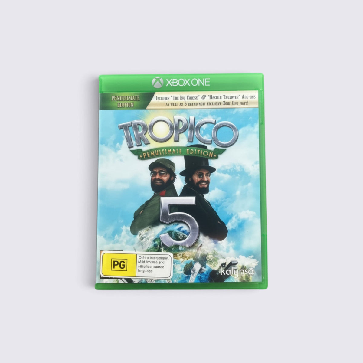 MrPixel Tropico 5 Penultimate Edition Xbox One game case featuring El Presidente characters on a tropical background.