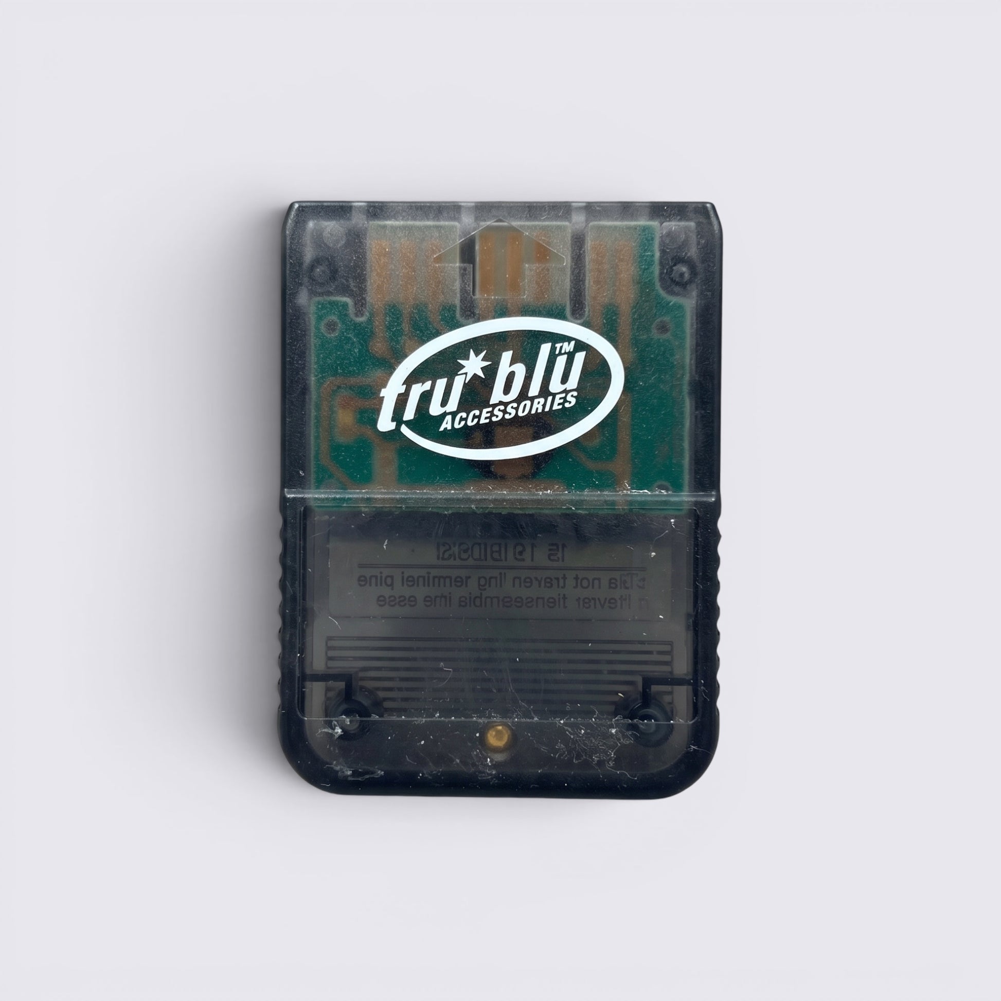 MrPixel Tru Blu PlayStation 1 memory card in black with a transparent shell and 1MB storage capacity