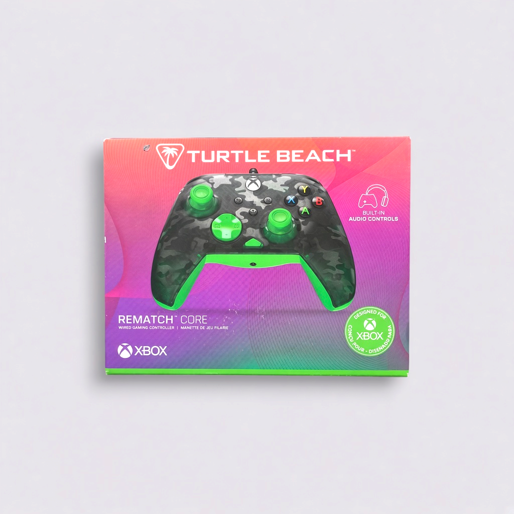 MrPixel Turtle Beach Xbox One wired controller in ghost black camo with vibrant green accents in retail packaging