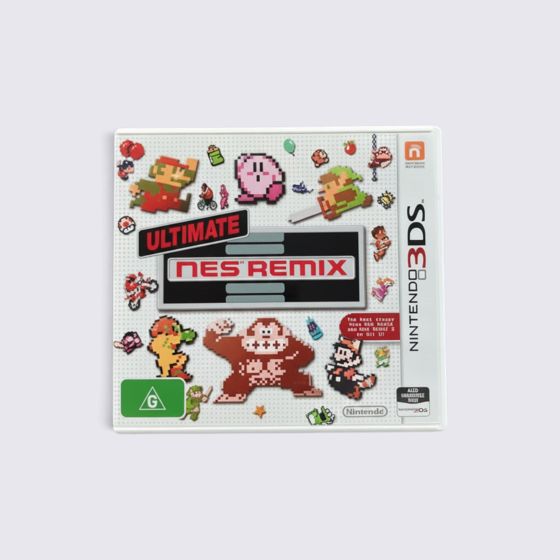 MrPixel Ultimate NES Remix Nintendo 3DS game case featuring pixel art characters like Mario, Kirby, and Donkey Kong.