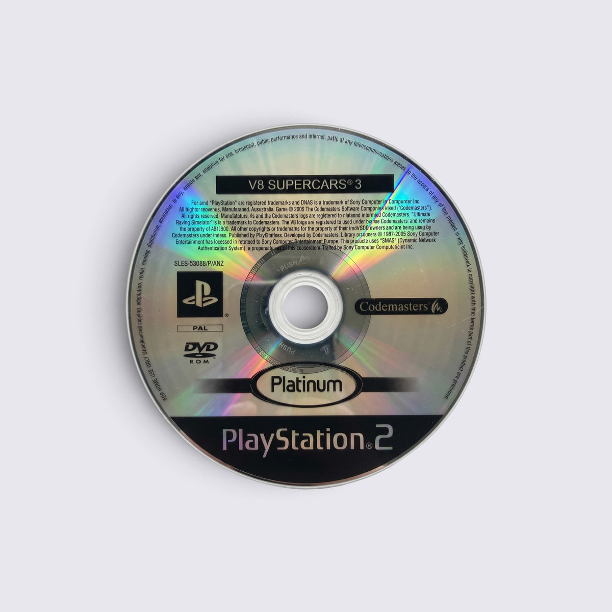 MrPixel V8 Supercars 3 Platinum edition game disc for PlayStation 2 featuring official branding and PAL format.