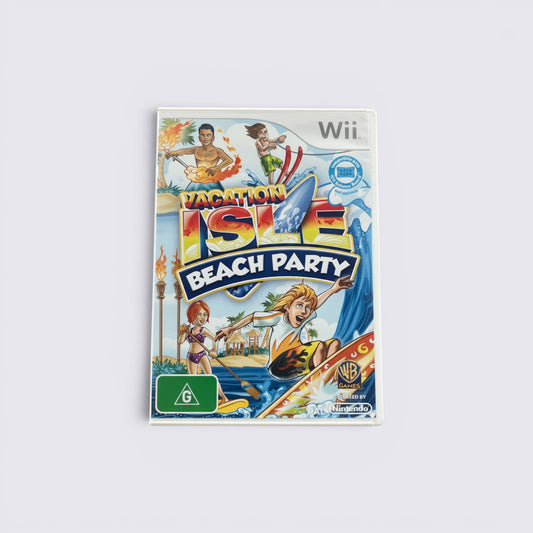 MrPixel Vacation Isle Beach Party Wii game cover featuring tropical island activities and cartoon characters