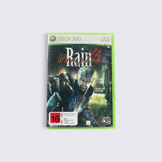 MrPixel Vampire Rain Xbox 360 game case featuring a menacing Nightwalker vampire in a rain-soaked urban setting.