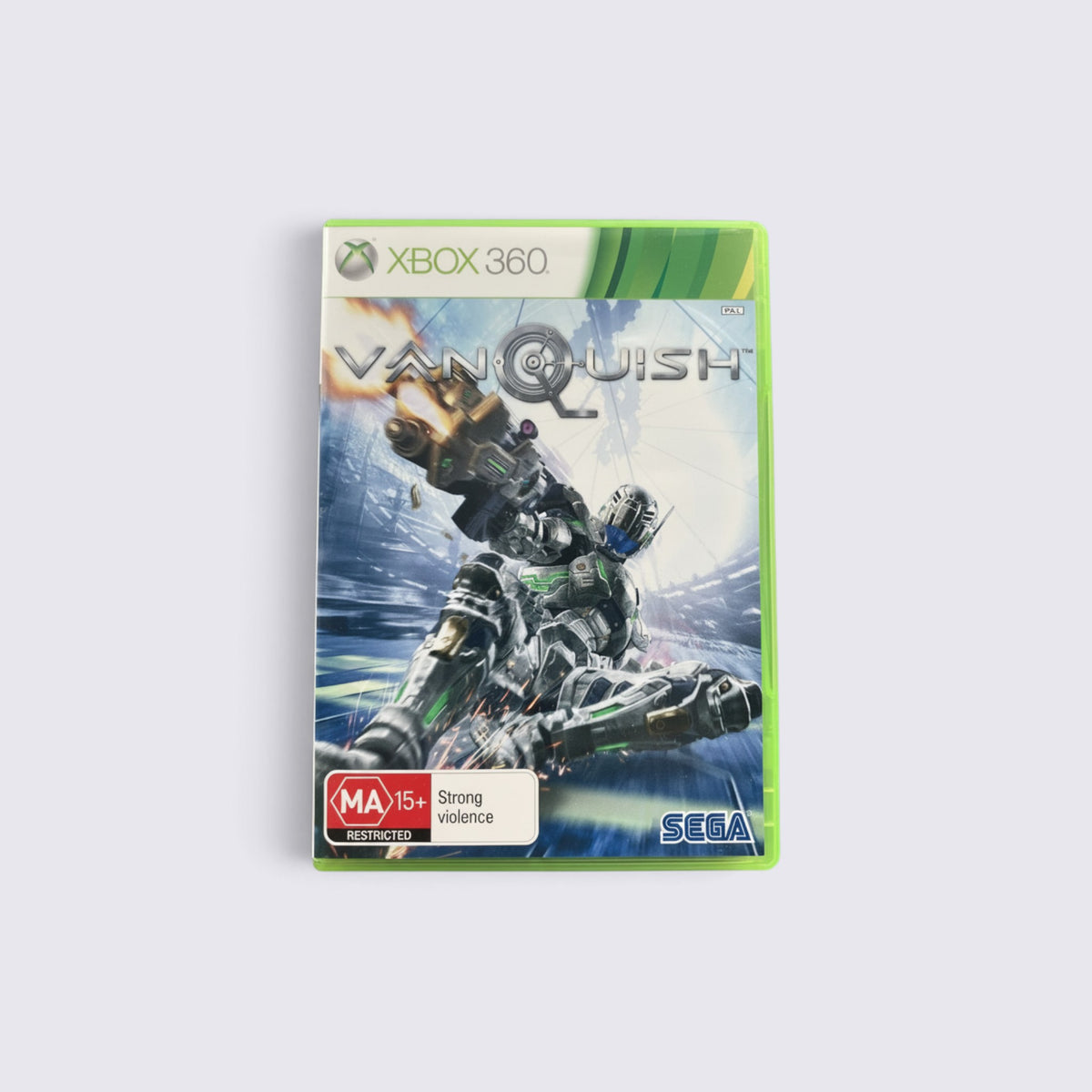 MrPixel Vanquish Xbox 360 game case featuring the protagonist in an Augmented Reaction Suit on a futuristic battlefield