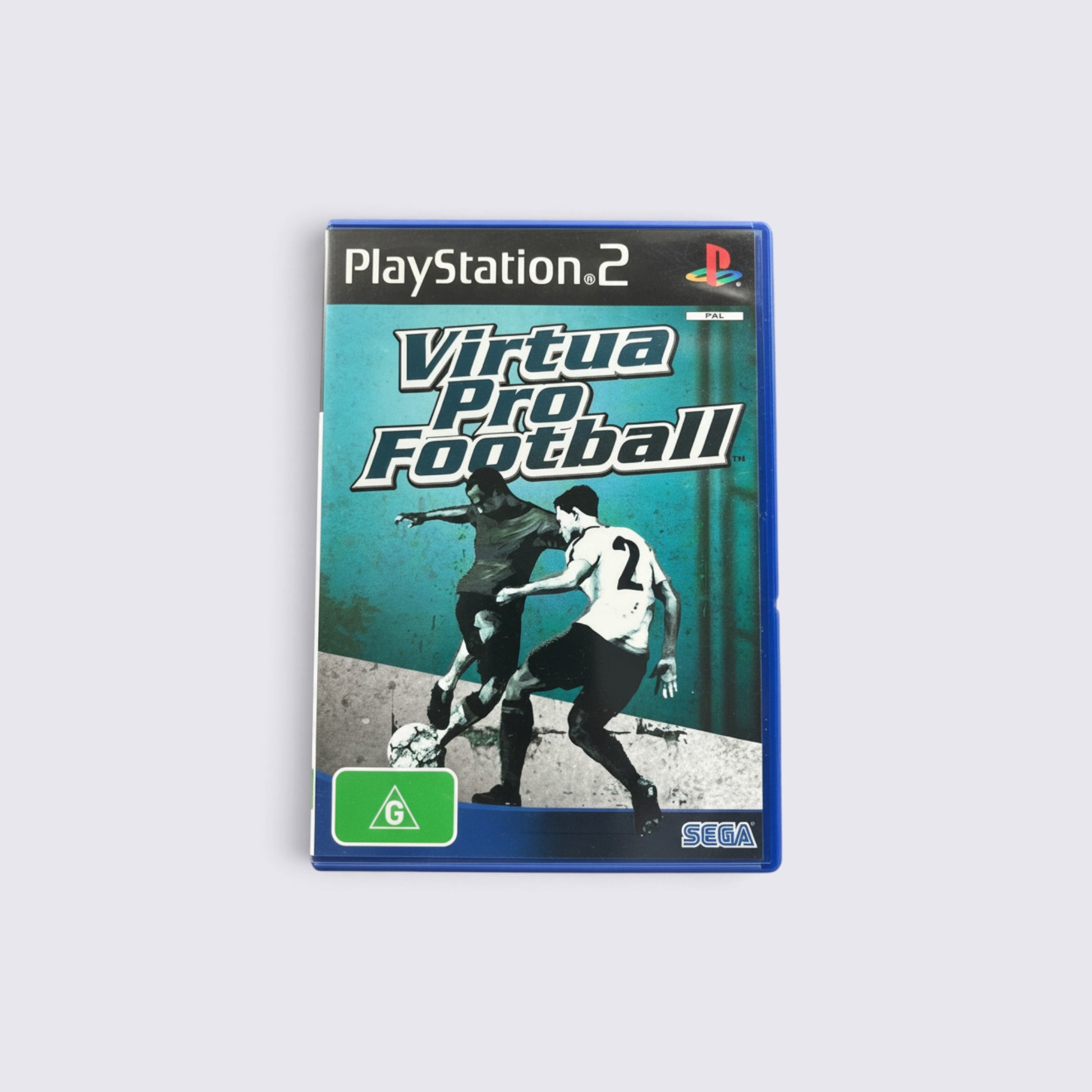 MrPixel Virtua Pro Football game case for PlayStation 2 featuring dynamic soccer player graphics on a teal background