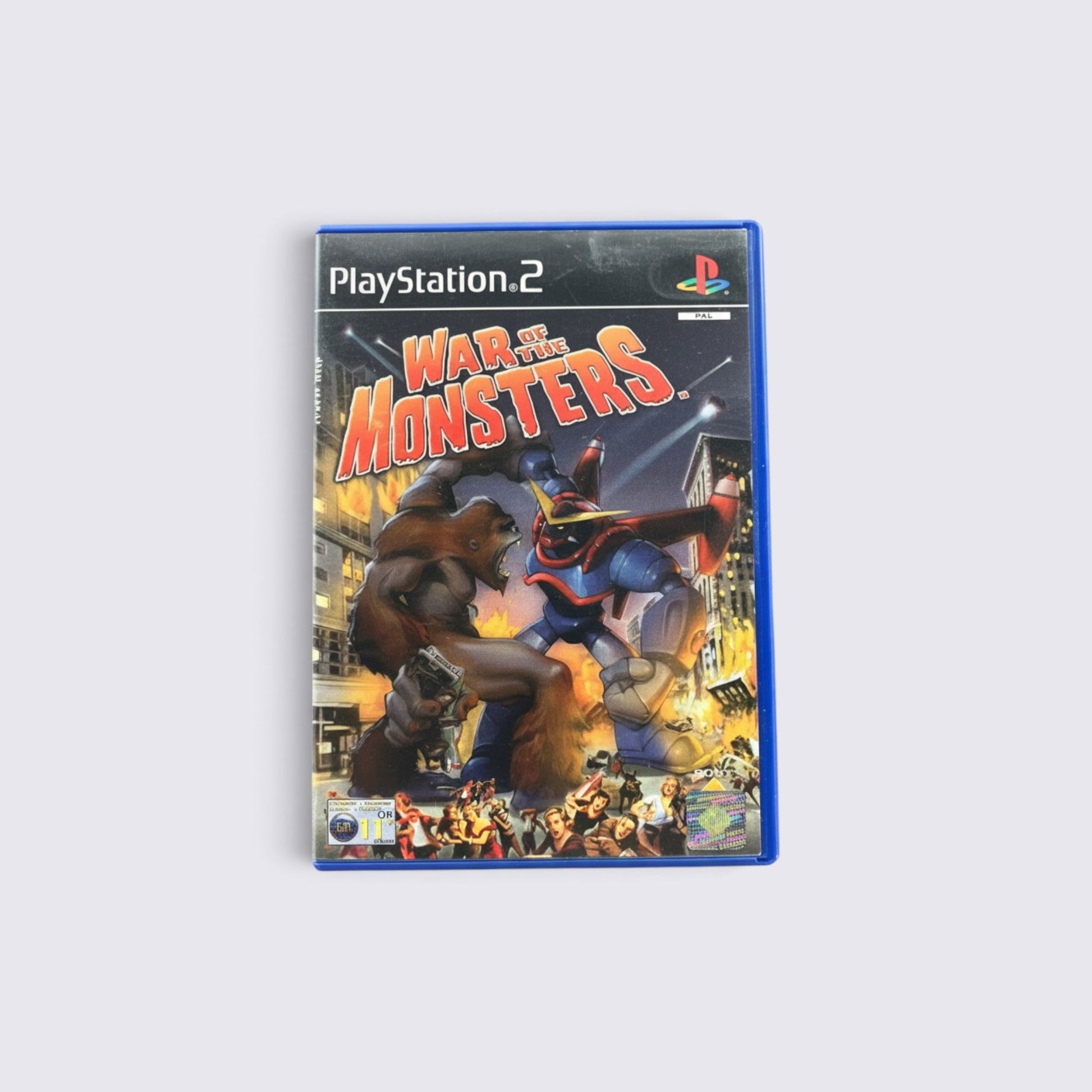 MrPixel War of the Monsters PlayStation 2 game case featuring a giant ape and robot fighting in a city