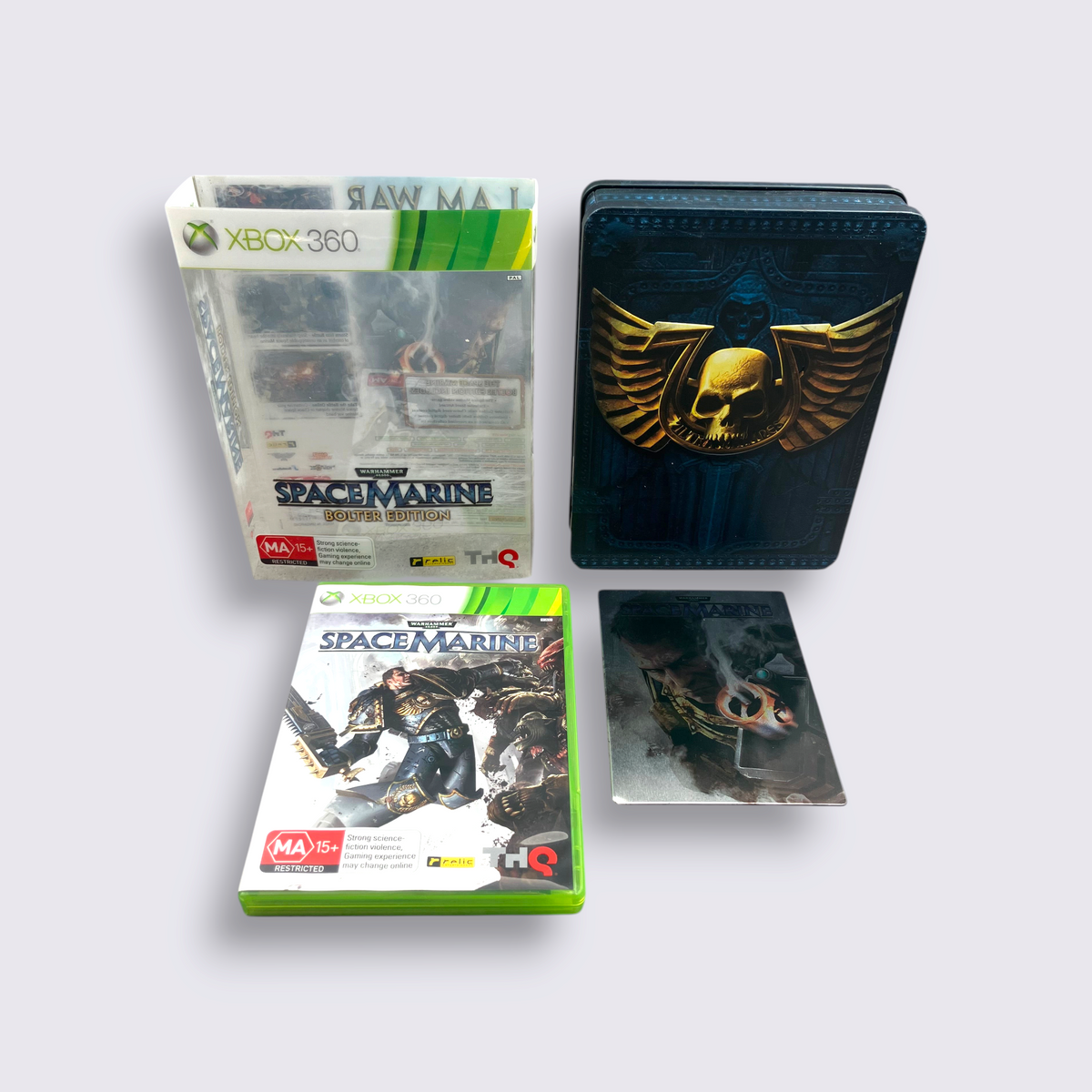 MrPixel Warhammer 40,000 Space Marine Bolter Edition for Xbox 360 including game case, steelbook, and outer sleeve.