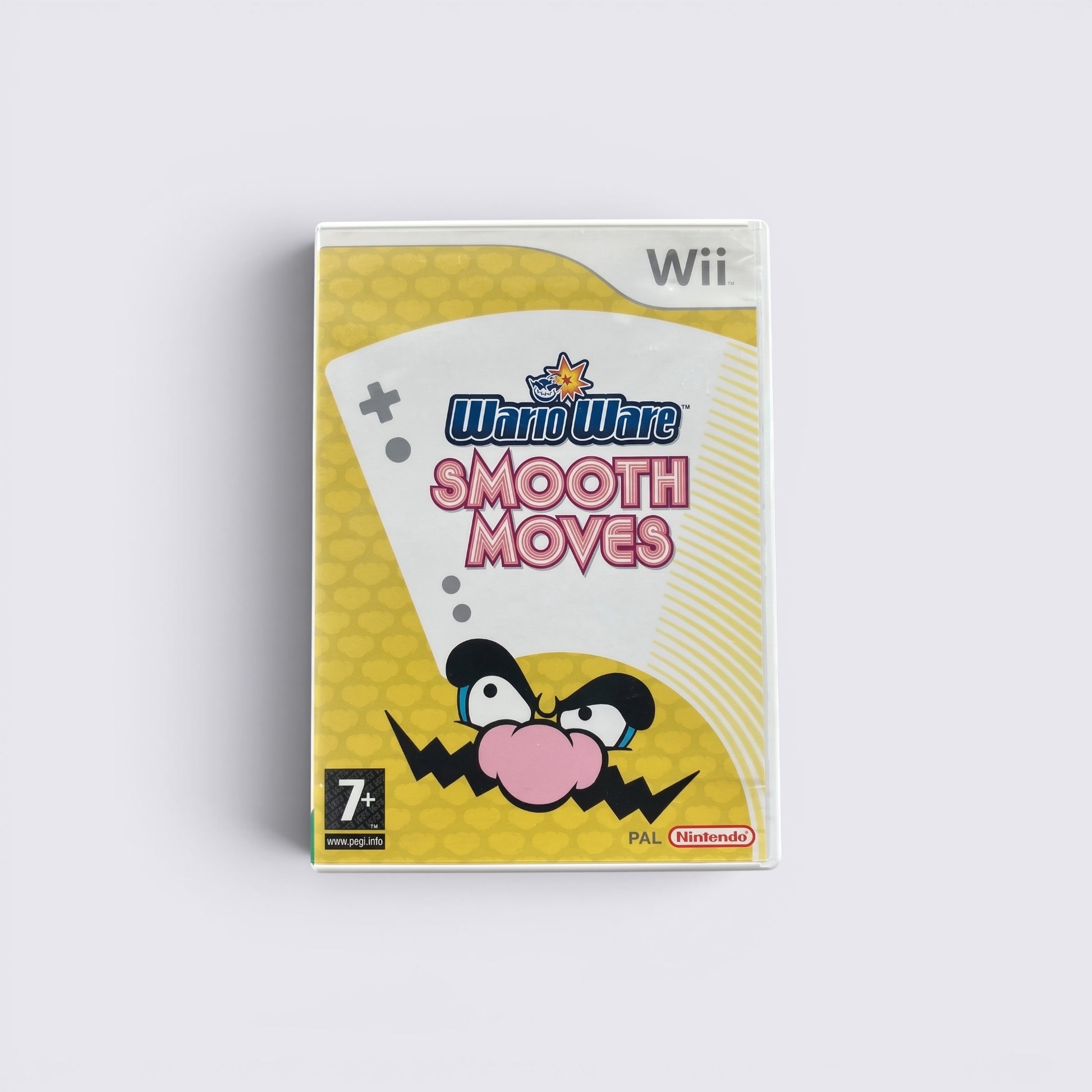 MrPixel WarioWare Smooth Moves Wii game case featuring yellow branding and Wario character art on a grey background.