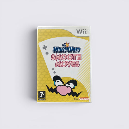 MrPixel WarioWare Smooth Moves Wii game case featuring yellow branding and Wario character art on a grey background.