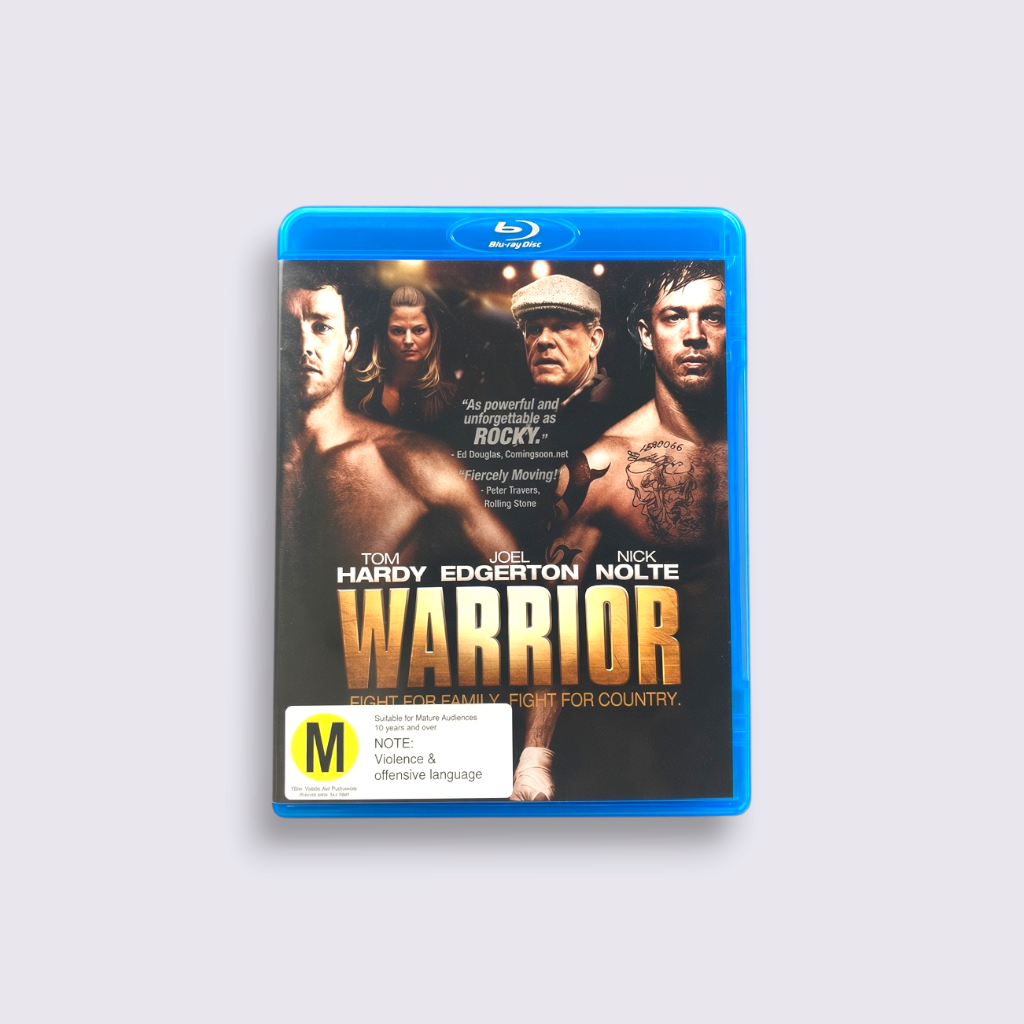 MrPixel Warrior Blu-ray disc case featuring Tom Hardy, Joel Edgerton, and Nick Nolte in a sports drama film cover
