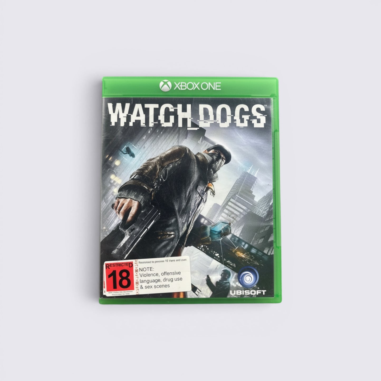 MrPixel Watch Dogs video game for Xbox One featuring Aiden Pearce on the cover with an 18+ age rating label.