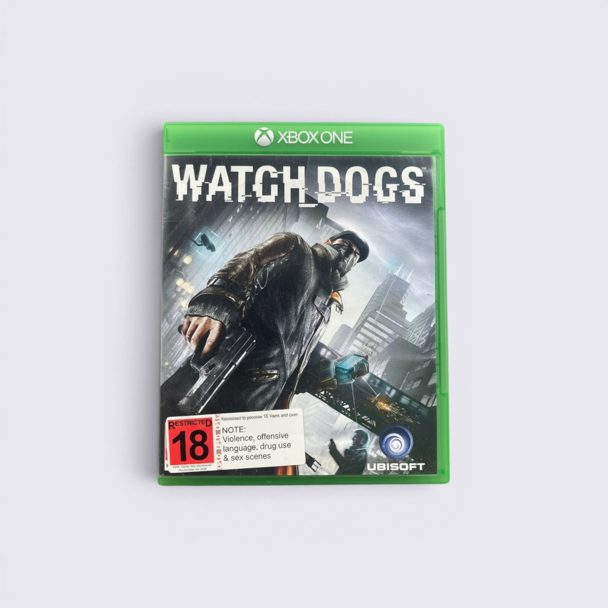 MrPixel Watch Dogs video game for Xbox One featuring Aiden Pearce on the cover with an 18+ age rating label.