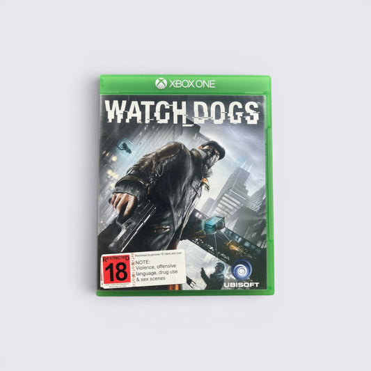 MrPixel Watch Dogs video game for Xbox One featuring Aiden Pearce on the cover with an 18+ age rating label.