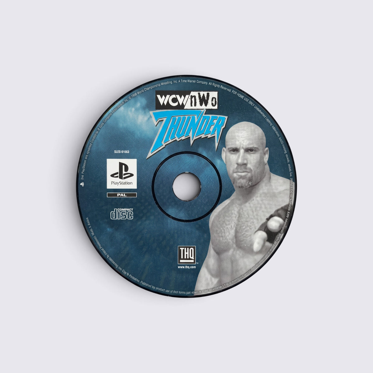 MrPixel WCW/nWo Thunder PlayStation game disc featuring Goldberg on a blue background