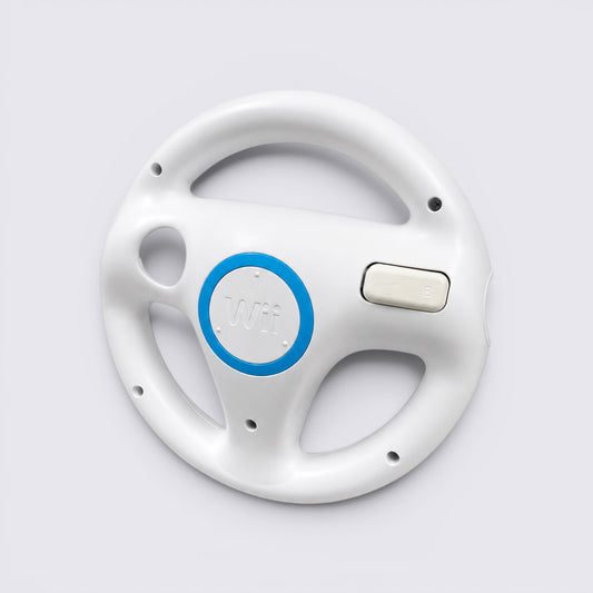 MrPixel white Nintendo Wii Wheel racing accessory with blue center detail for motion-controlled gaming
