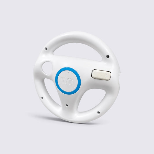 MrPixel white Nintendo Wii Wheel racing accessory with blue centre detail for motion-controlled gaming