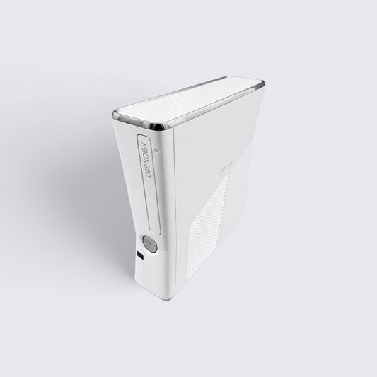 MrPixel white Xbox 360 S console in a slim design, viewed from an elevated angle against a light grey background.