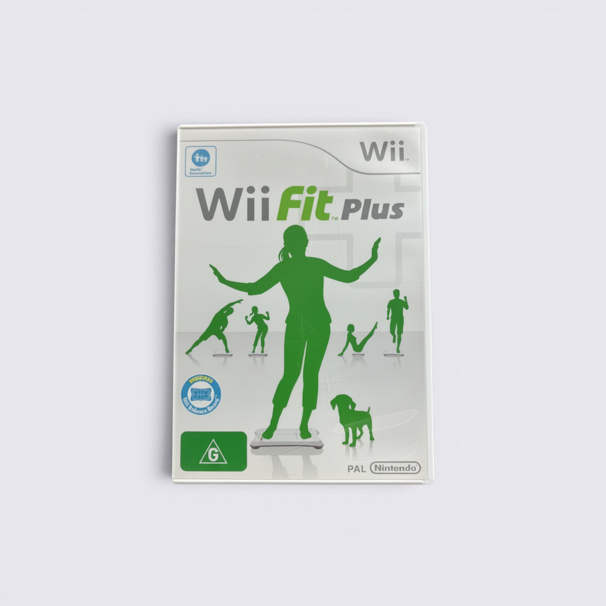 MrPixel Wii Fit Plus game case featuring green silhouettes of people exercising on a Wii Balance Board
