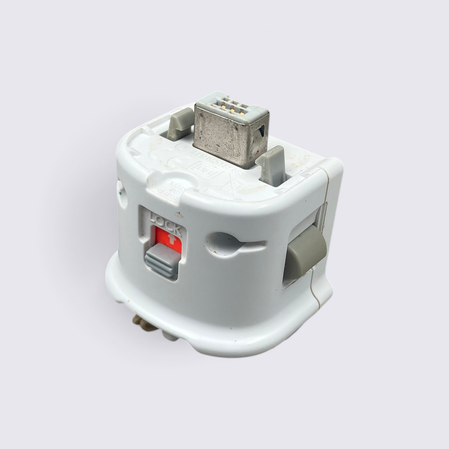 MrPixel white Wii MotionPlus adapter for Nintendo Wii Remote with red lock switch for precise motion tracking