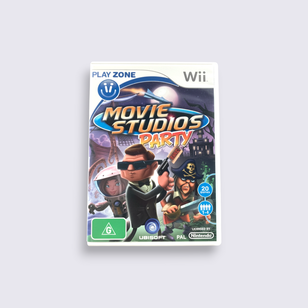 MrPixel Movie Studios Party Wii game case featuring cartoon characters in a movie production theme
