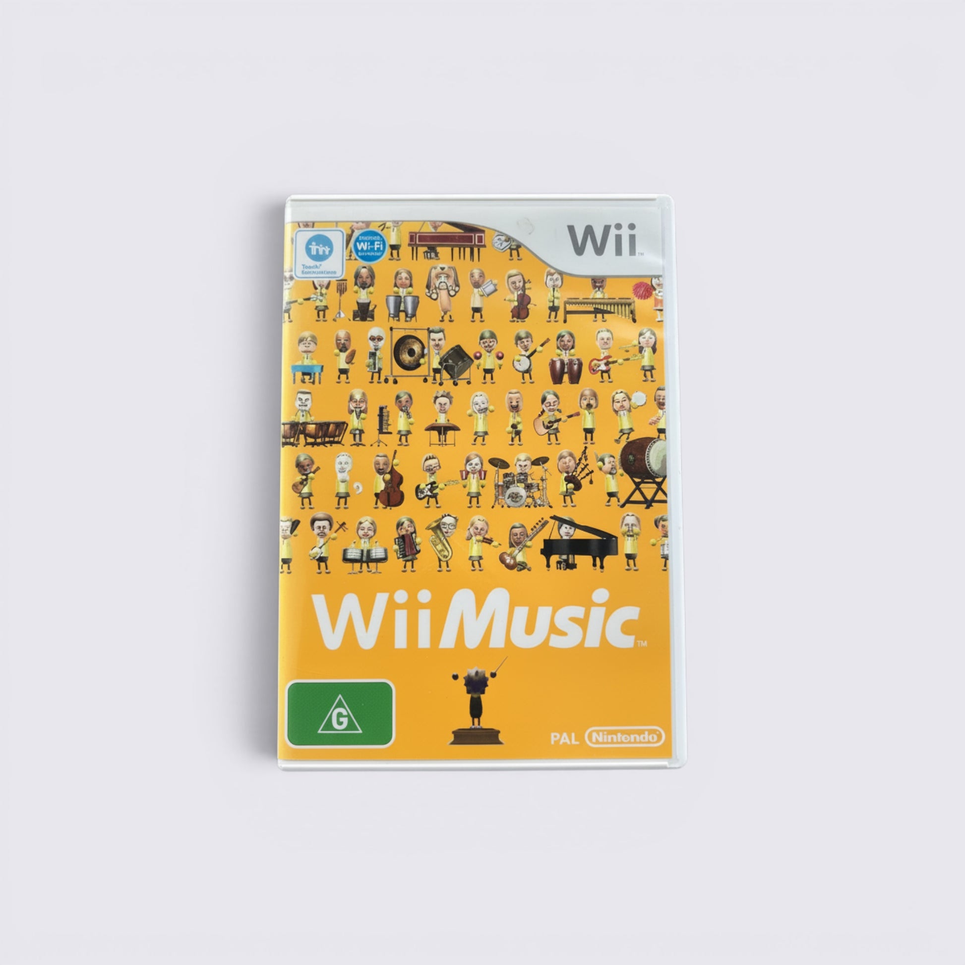MrPixel Wii Music Nintendo Wii game case featuring Mii characters playing various instruments on a yellow background