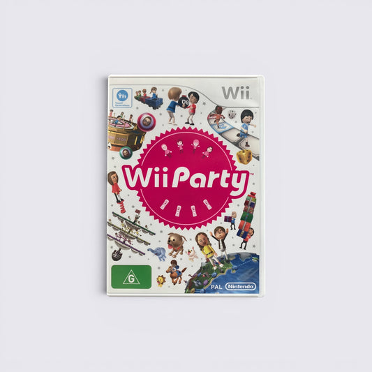 MrPixel Wii Party game case for Nintendo Wii featuring Mii characters and mini-game graphics on a white background