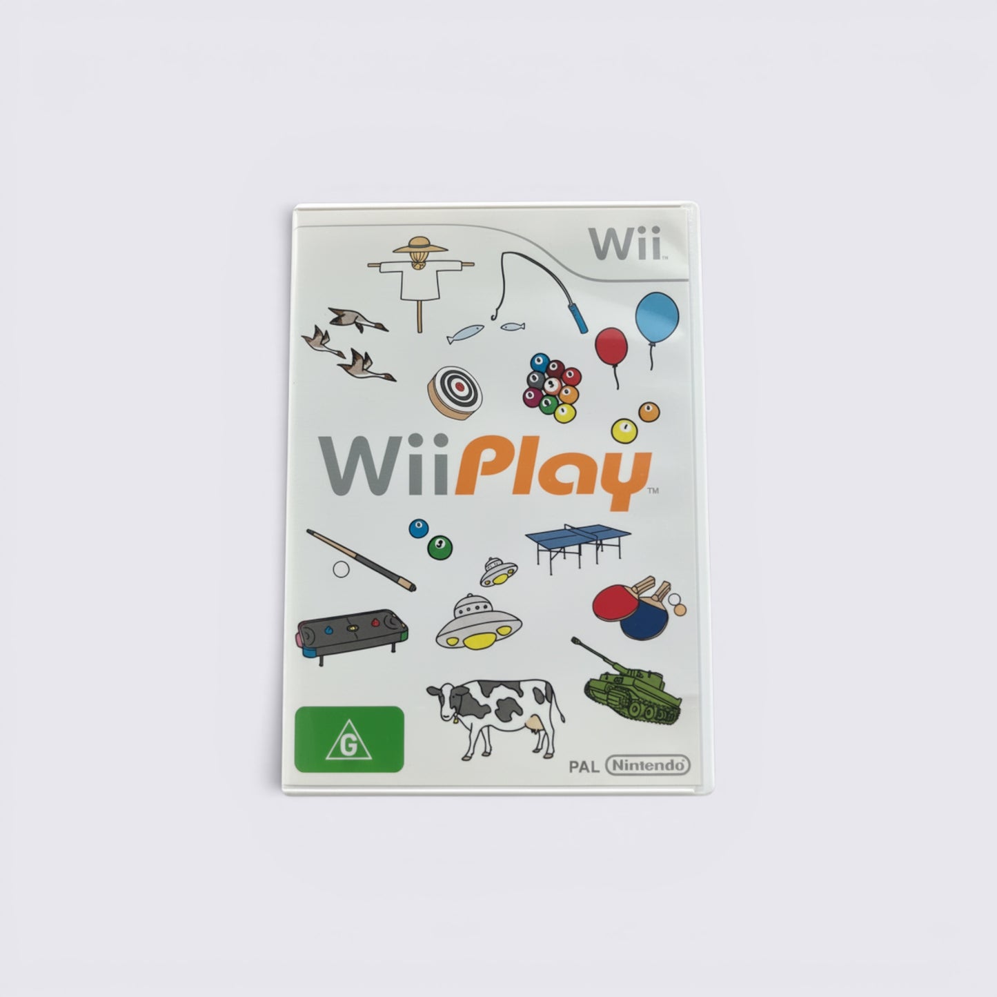 MrPixel Wii Play video game case featuring colorful mini-game illustrations on a white background for Nintendo Wii
