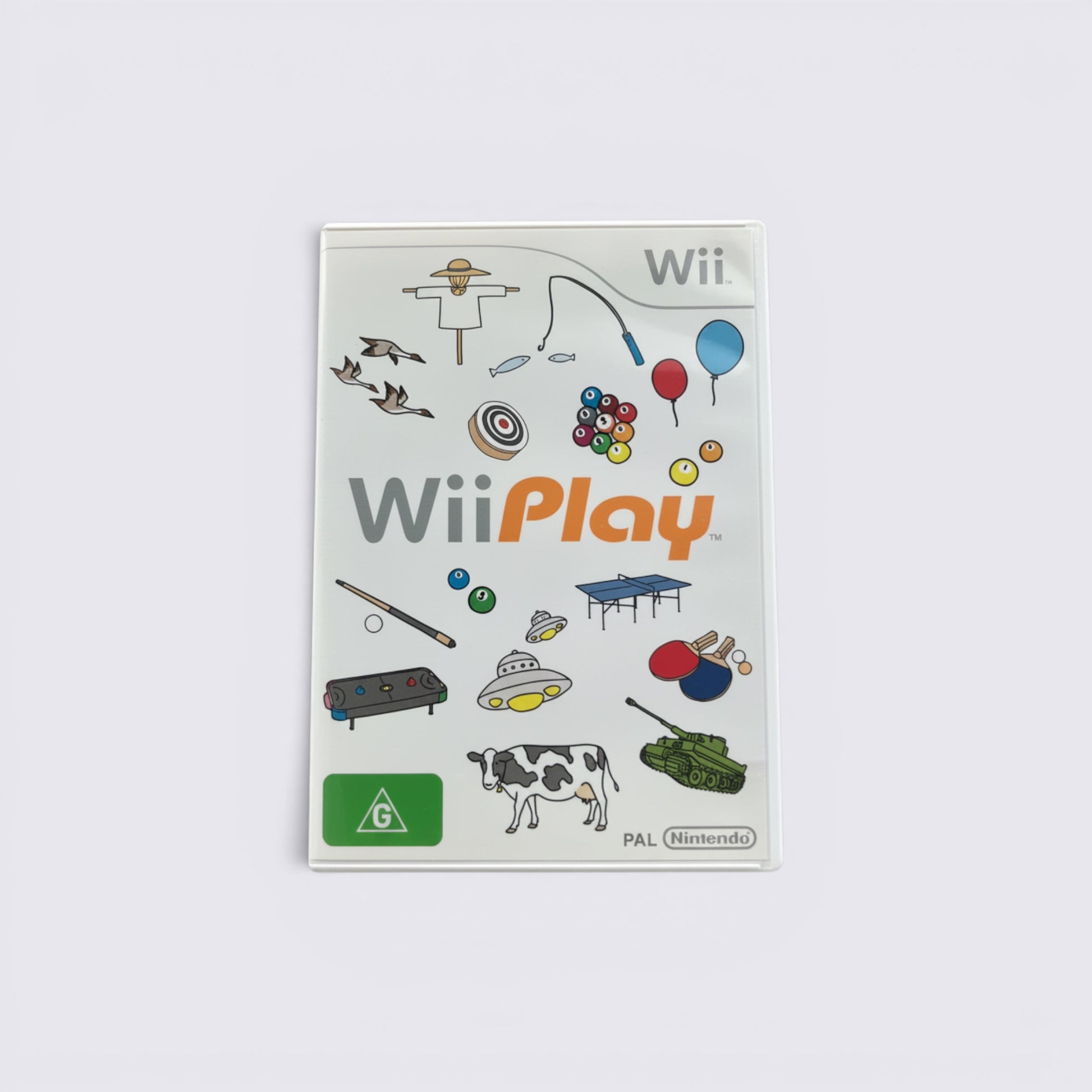 MrPixel Wii Play video game case featuring colorful mini-game illustrations on a white background for Nintendo Wii