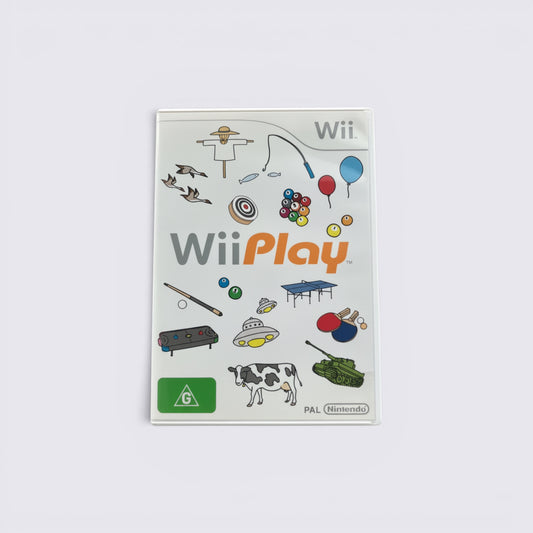 MrPixel Wii Play video game case featuring colorful mini-game illustrations on a white background for Nintendo Wii